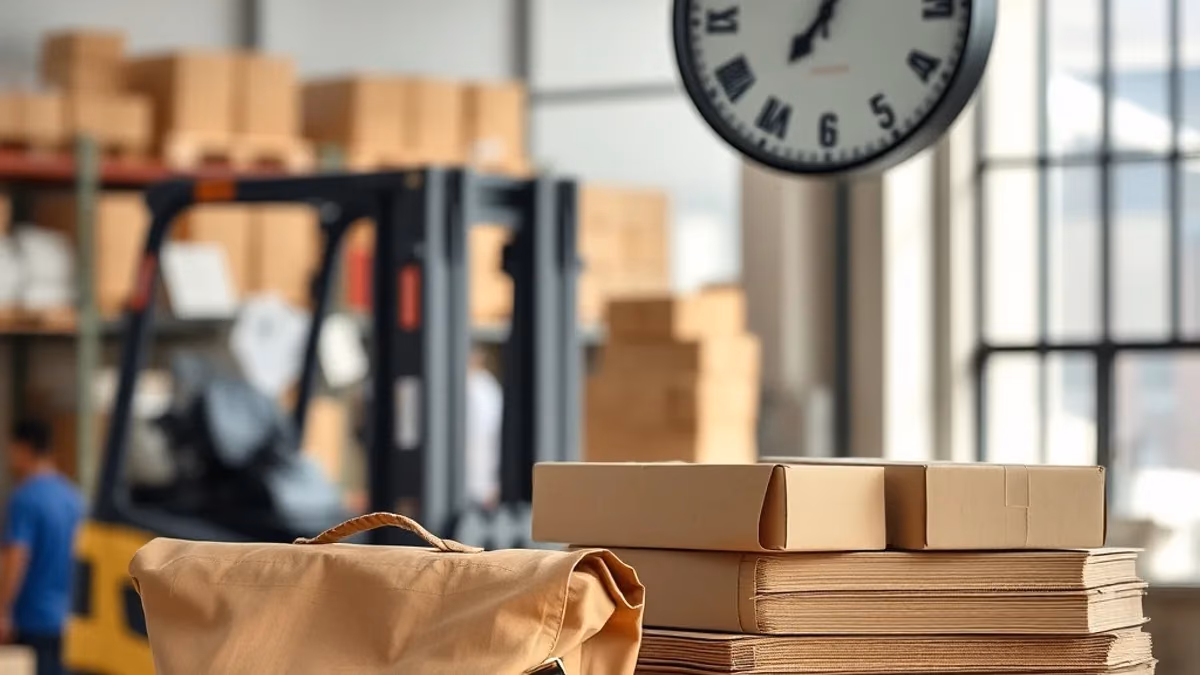 Depo bankosunda paketlenmiş tekstil kolileri ve duvar saati; İstanbul içi aynı gün tekstil teslimatı için hazırlık anı