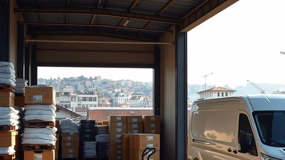 İstanbul'da otel tekstili tedarik deposunda koliler ve teslim aracı; yeni açılan otel için tekstil listesi