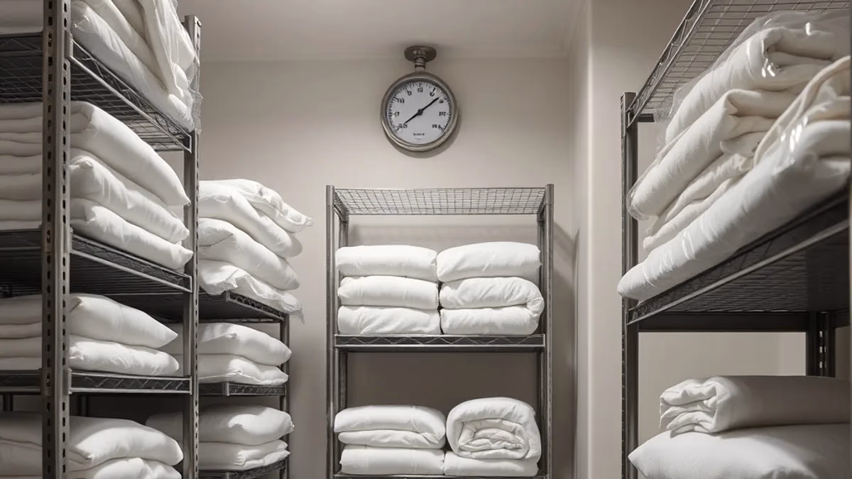 Otel tekstil deposunda raflarda nemden korunan paketli havlular ve hızlı tekstil teslimatı için uygun depolama düzeni