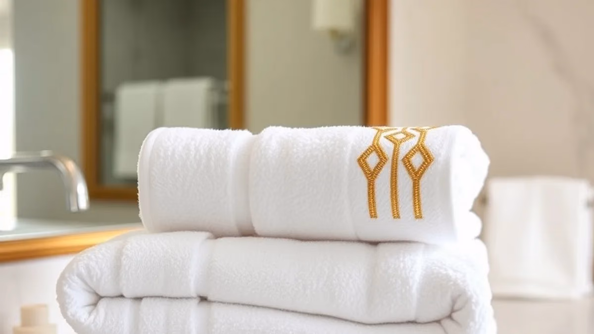 Mermer banyo tezgahında katlanmış beyaz otel havluları ve altın iplikli otel havlusu logo nakışı detayı