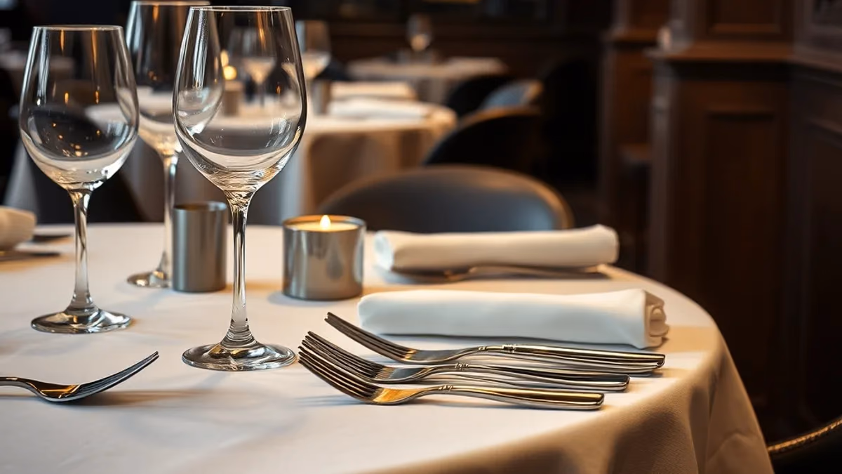 Fine dining restoran masa örtüsü ile şık masa düzeni, şarap kadehleri ve gümüş çatal bıçak
