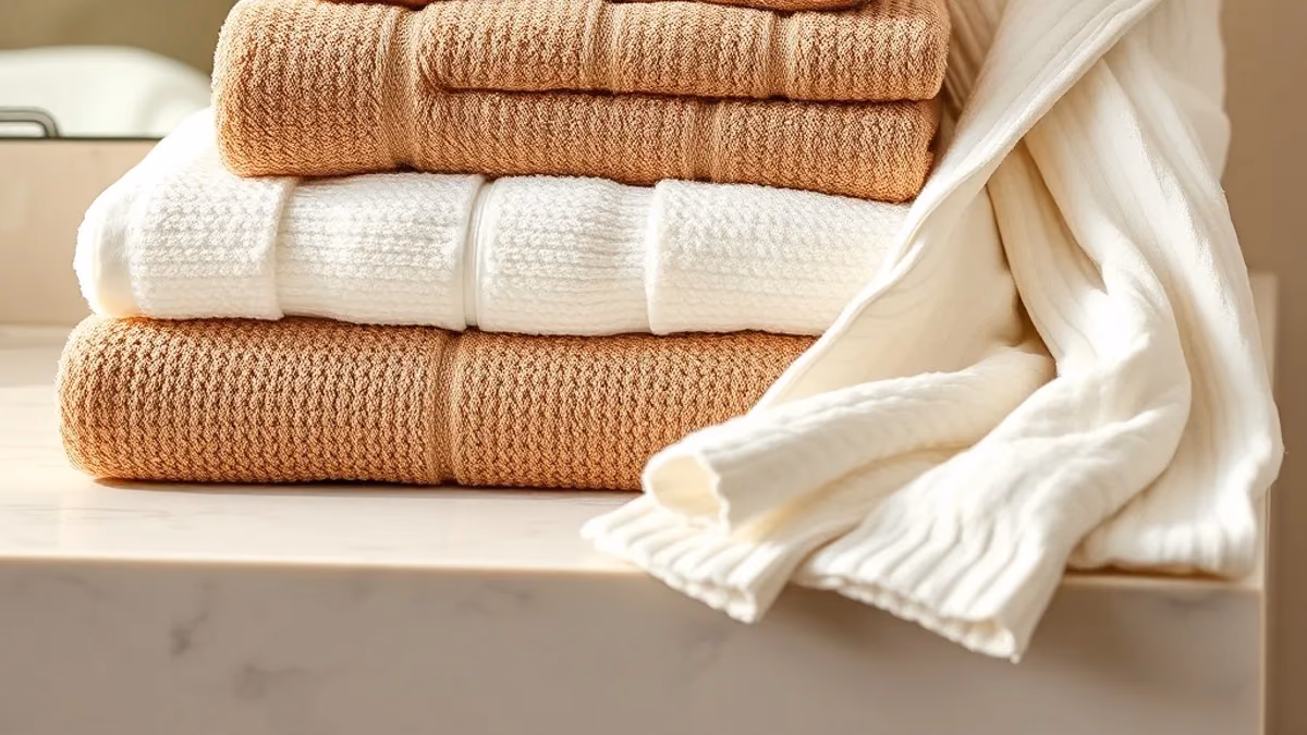 Havlu ve bornozda gramaj seçimini yansıtan katlanmış havlu yığını ve beyaz bornoz, butik otel tekstil önerileri